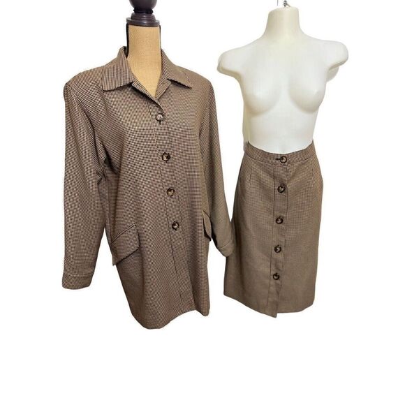 Renlyn New York Skirt Suit Size 10 Houndstooth Long Blazer Brown Business USA - Picture 1 of 11
